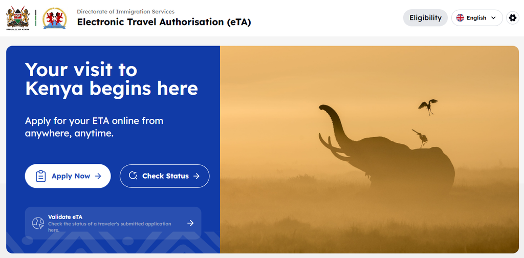 Official Kenya eTA application portal website homepage showing apply now and check status options