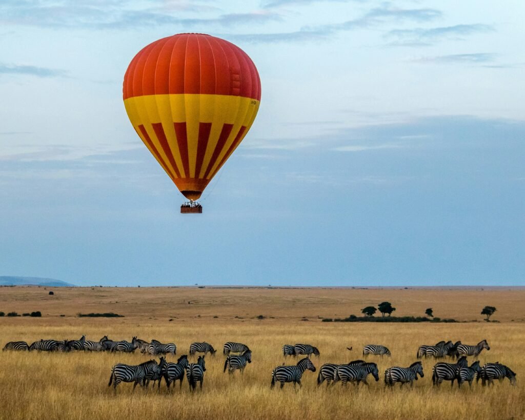 Hot air balloon safaris in Kenya flying over zebras in the savannah